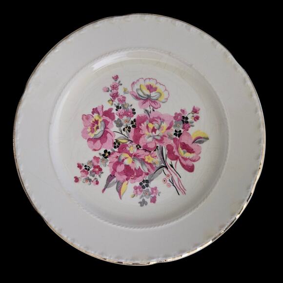 Vintage Crooksville China 639 Pink Floral 6" Plates Set of 3 USA Gold Trim - Picture 2 of 7